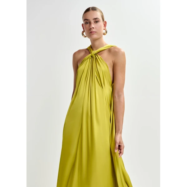 Essentiel Antwerp Ocher A-line halterneck maxi dress with crossover straps, view 4