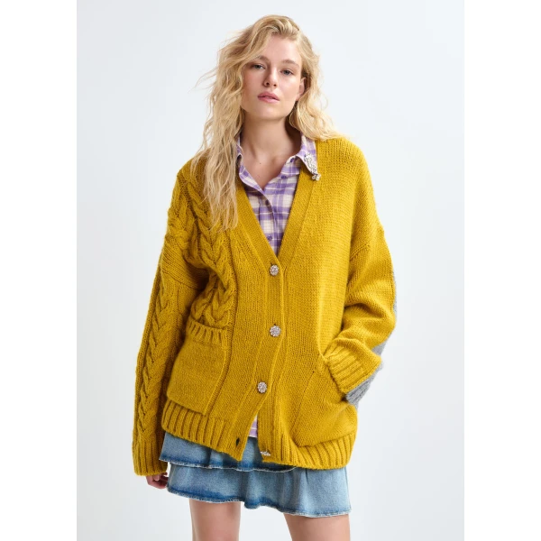 Essentiel Antwerp Ochre and grey wool-blend cardigan with contrasting back, view 3