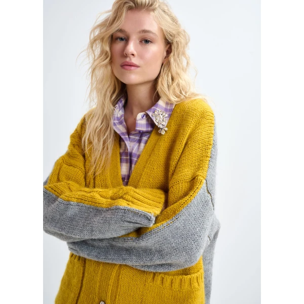 Essentiel Antwerp Ochre and grey wool-blend cardigan with contrasting back, view 5