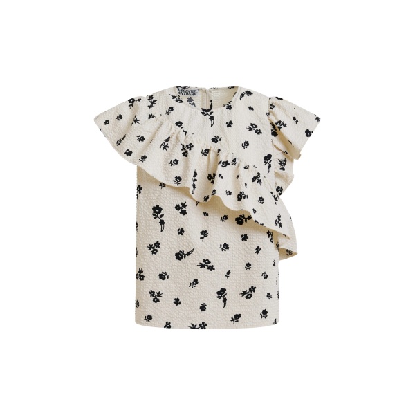 Off-white and black asymmetrical top with ruffle details