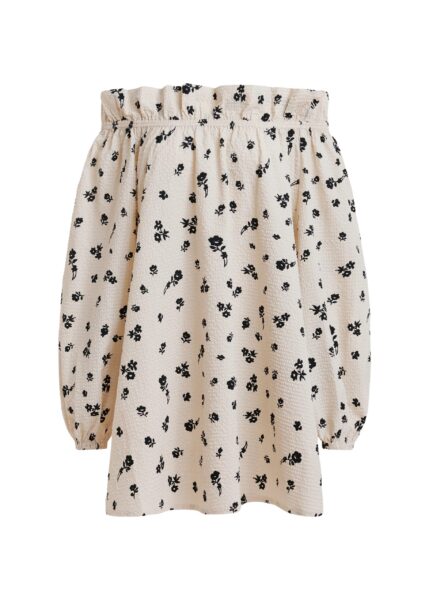 Off-white and black floral-print off-the-shoulder mini dress