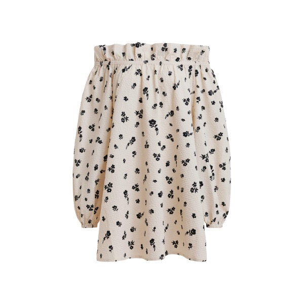Off-white and black floral-print off-the-shoulder mini dress