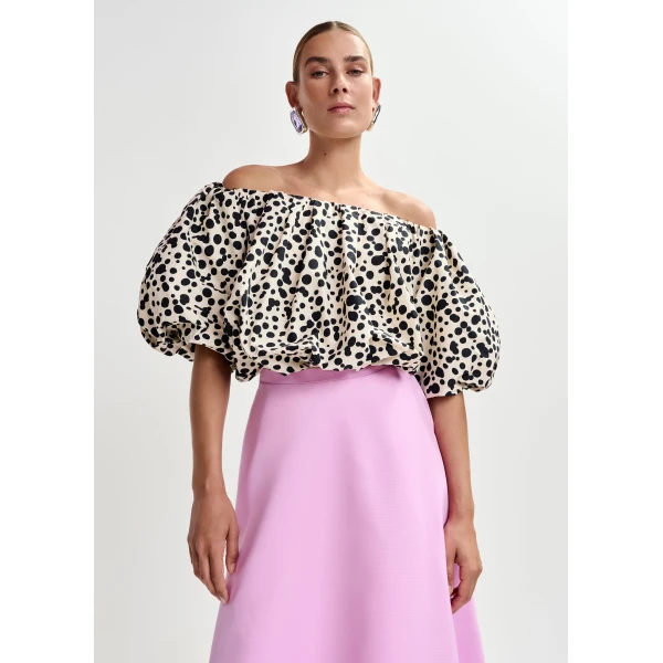 Essentiel Antwerp Off-white and black gathered bodysuit with puffed sleeves, view 2