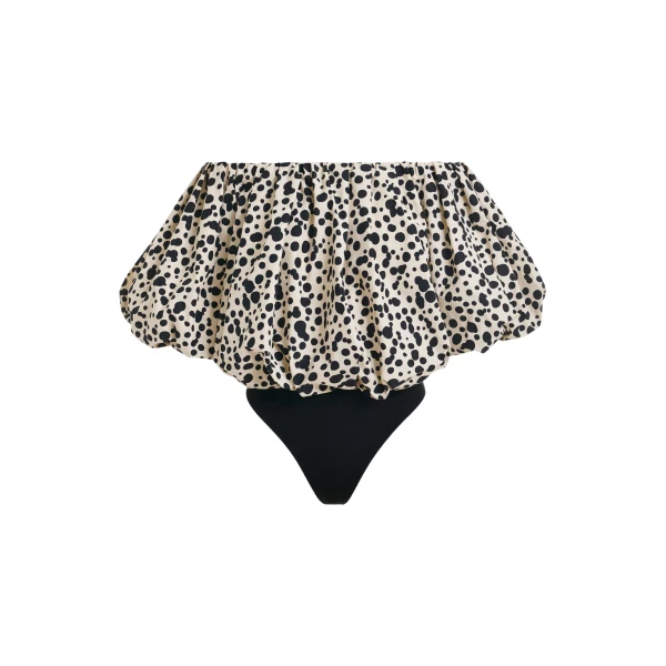 Essentiel Antwerp Off-white and black gathered bodysuit with puffed sleeves
