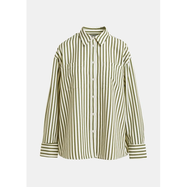 Essentiel Antwerp Off-white and green striped oversized shirt with rhinestone bib detail, view 2