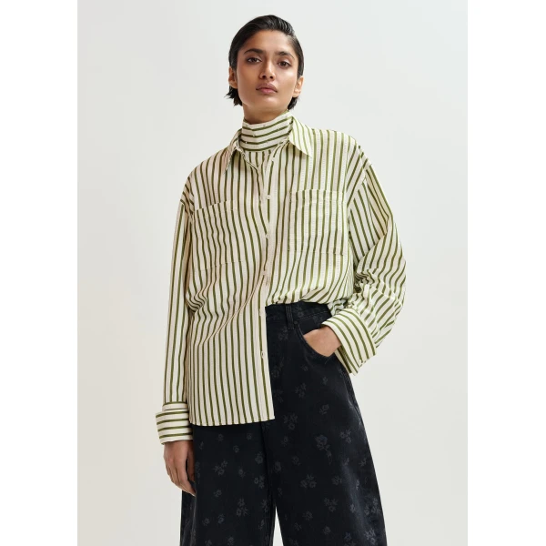 Essentiel Antwerp Off-white and green striped oversized shirt with rhinestone bib detail, view 3