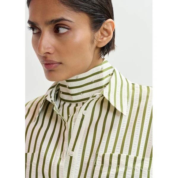 Essentiel Antwerp Off-white and green striped oversized shirt with rhinestone bib detail, view 4