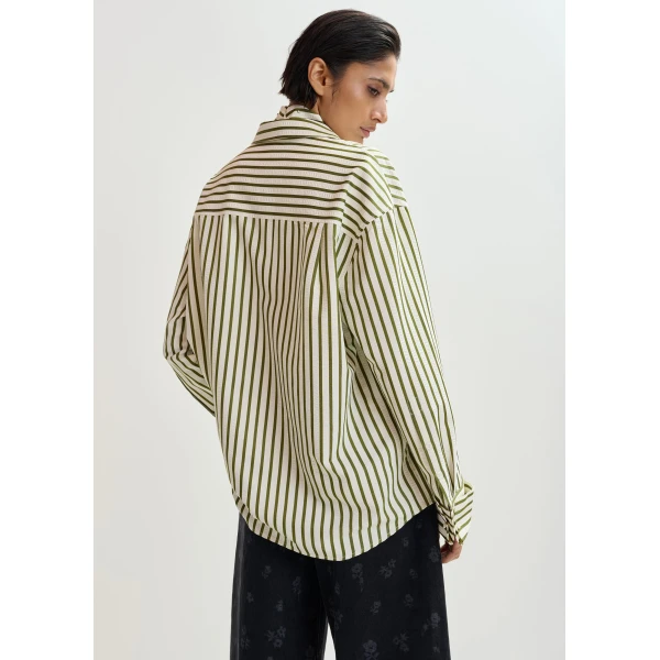 Essentiel Antwerp Off-white and green striped oversized shirt with rhinestone bib detail, view 5