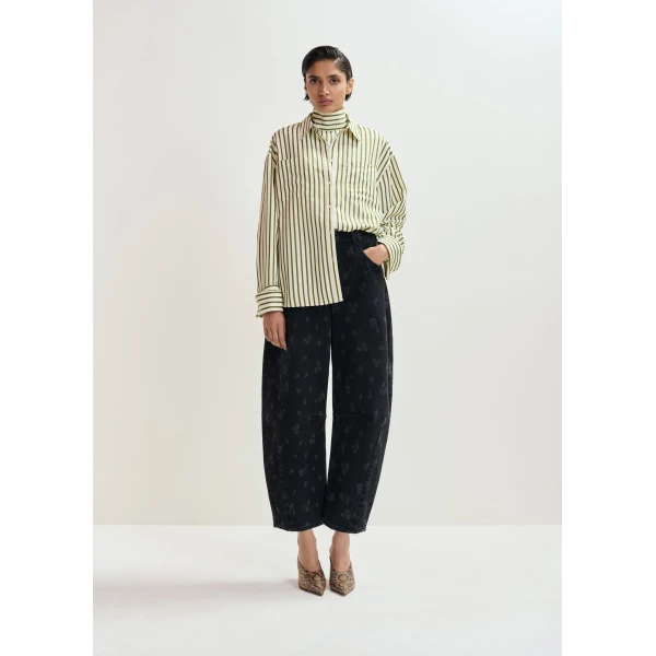 Essentiel Antwerp Off-white and green striped oversized shirt with rhinestone bib detail, view 6
