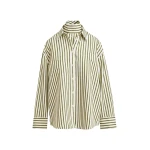 Essentiel Antwerp Off-white and green striped oversized shirt with rhinestone bib detail