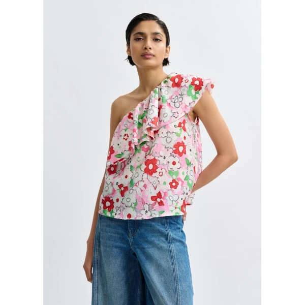 Essentiel Antwerp Off-white and multicolor asymmetric ruffle one-shoulder top, view 2