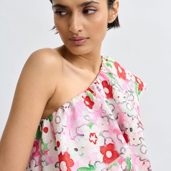Essentiel Antwerp Off-white and multicolor asymmetric ruffle one-shoulder top, view 3