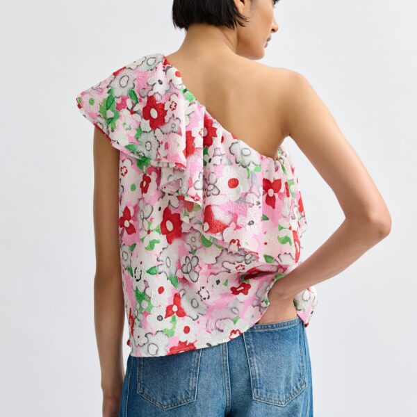 Essentiel Antwerp Off-white and multicolor asymmetric ruffle one-shoulder top, view 4