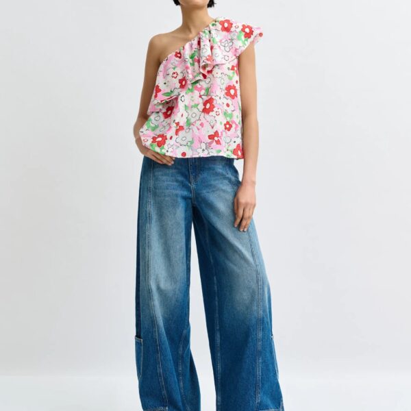 Essentiel Antwerp Off-white and multicolor asymmetric ruffle one-shoulder top, view 5