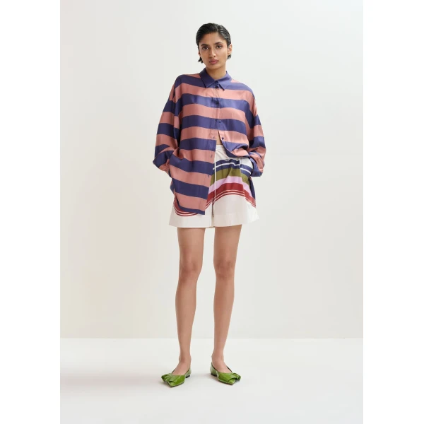 Essentiel Antwerp Off-white and multicolor cotton shorts with placed stripe print, view 2