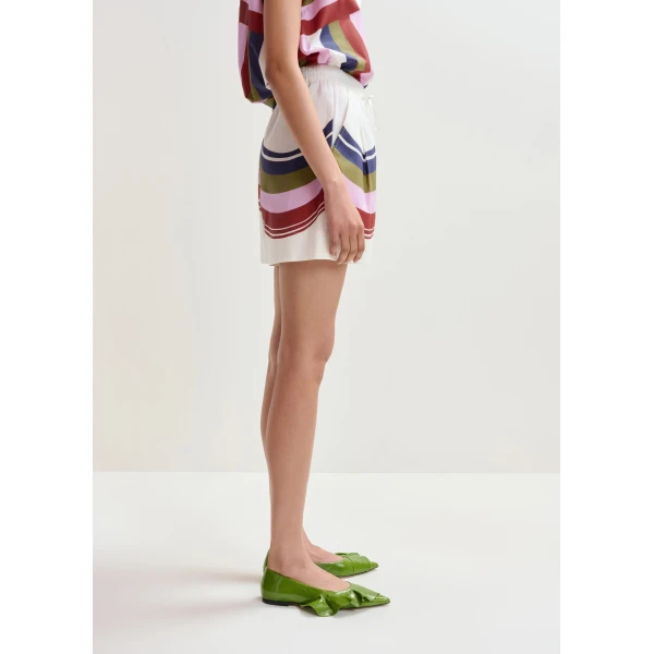 Essentiel Antwerp Off-white and multicolor cotton shorts with placed stripe print, view 4