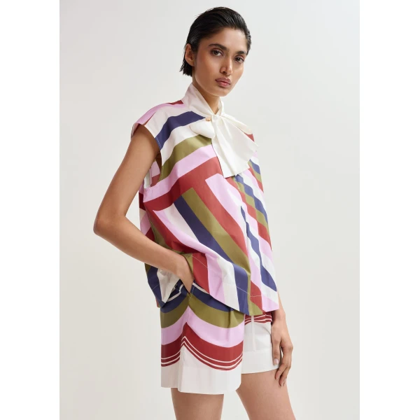 Essentiel Antwerp Off-white and multicolor cotton shorts with placed stripe print, view 6
