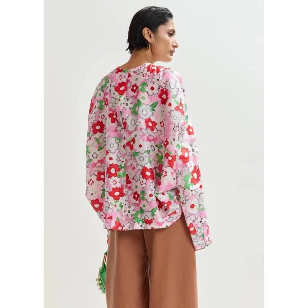Essentiel Antwerp Off-white and multicolor floral jacquard top, view 4