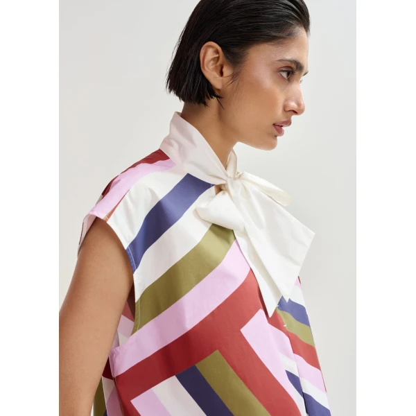 Essentiel Antwerp Off-white and multicolor graphic sleeveless top with tie neckline, view 4