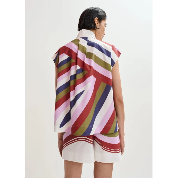 Essentiel Antwerp Off-white and multicolor graphic sleeveless top with tie neckline, view 5