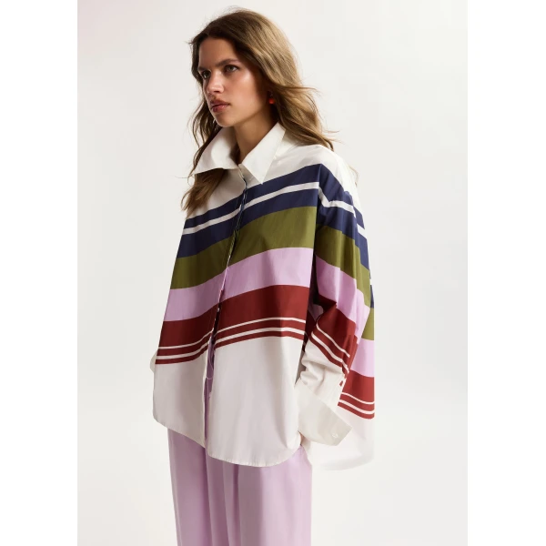 Essentiel Antwerp Off-white and multicolor oversized cotton shirt with placed stripe print, view 2