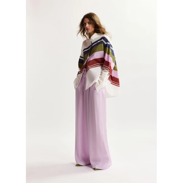 Essentiel Antwerp Off-white and multicolor oversized cotton shirt with placed stripe print, view 4