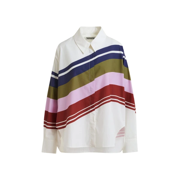 Essentiel Antwerp Off-white and multicolor oversized cotton shirt with placed stripe print