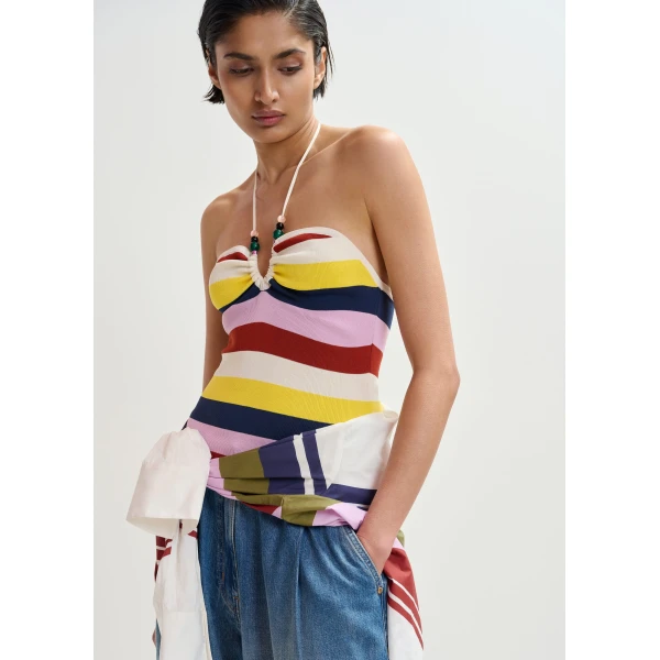 Essentiel Antwerp Off-white and multicolor striped halterneck knit top, view 2