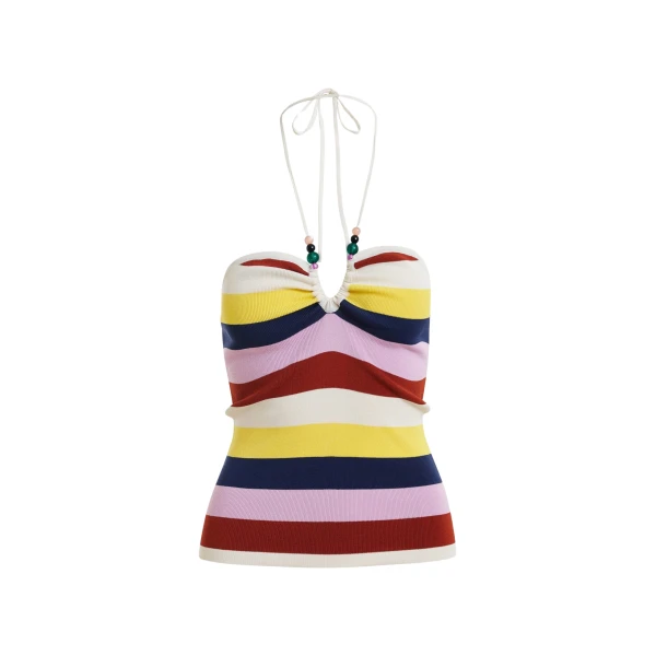 Essentiel Antwerp Off-white and multicolor striped halterneck knit top