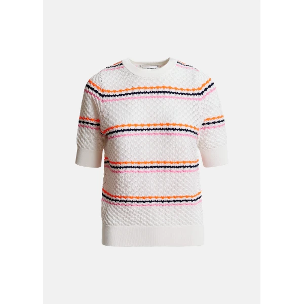 Essentiel Antwerp Off-white and multicolor striped honeycomb knit polo with rhinestone-embellished detachable collar, view 2