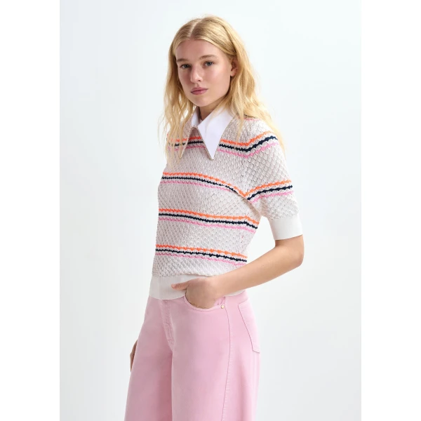 Essentiel Antwerp Off-white and multicolor striped honeycomb knit polo with rhinestone-embellished detachable collar, view 3