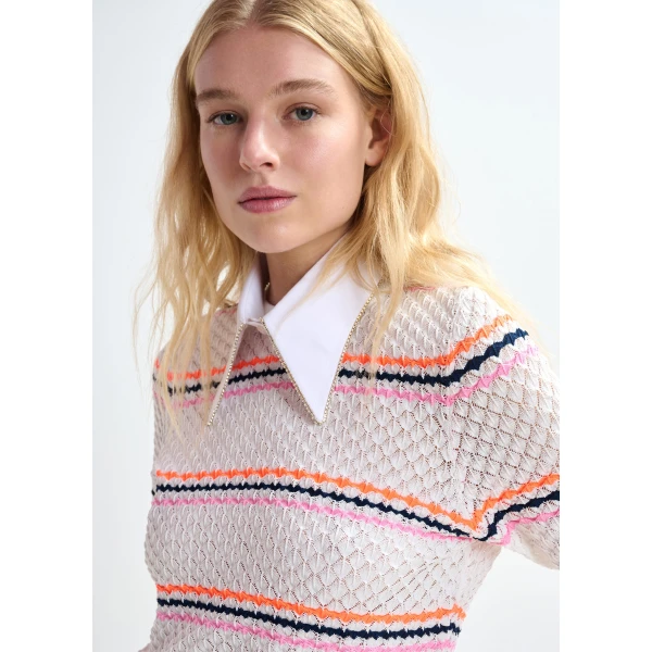 Essentiel Antwerp Off-white and multicolor striped honeycomb knit polo with rhinestone-embellished detachable collar, view 4