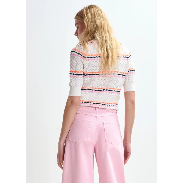 Essentiel Antwerp Off-white and multicolor striped honeycomb knit polo with rhinestone-embellished detachable collar, view 5
