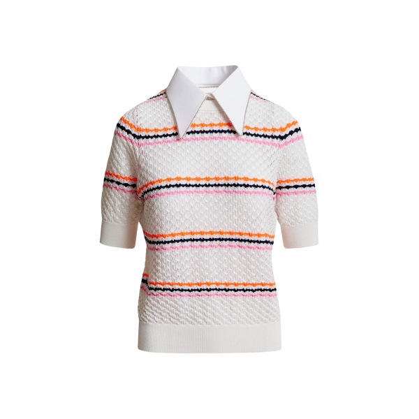 Off-white and multicolor striped honeycomb knit polo with rhinestone-embellished detachable collar