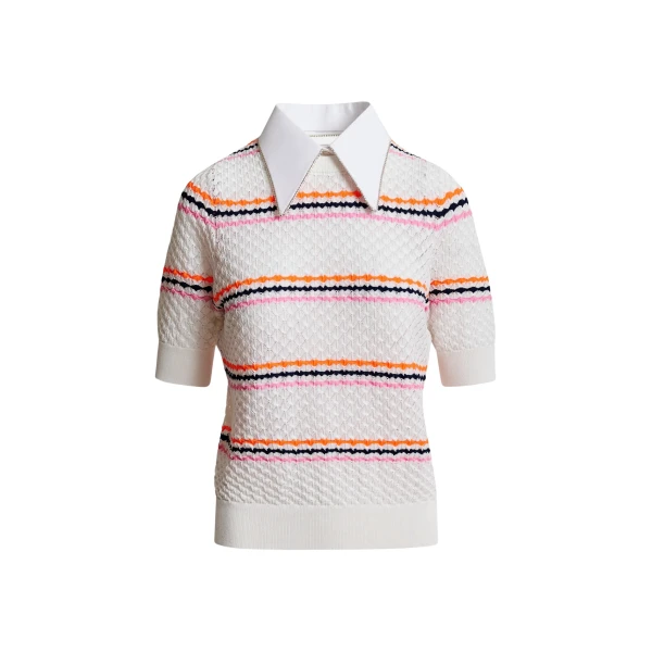 Essentiel Antwerp Off-white and multicolor striped honeycomb knit polo with rhinestone-embellished detachable collar