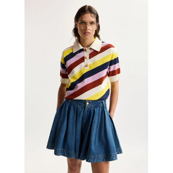 Essentiel Antwerp Off-white and multicolor striped knit polo with constrasting buttons, view 2