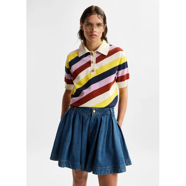 Essentiel Antwerp Off-white and multicolor striped knit polo with constrasting buttons, view 6