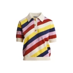 Essentiel Antwerp Off-white and multicolor striped knit polo with constrasting buttons