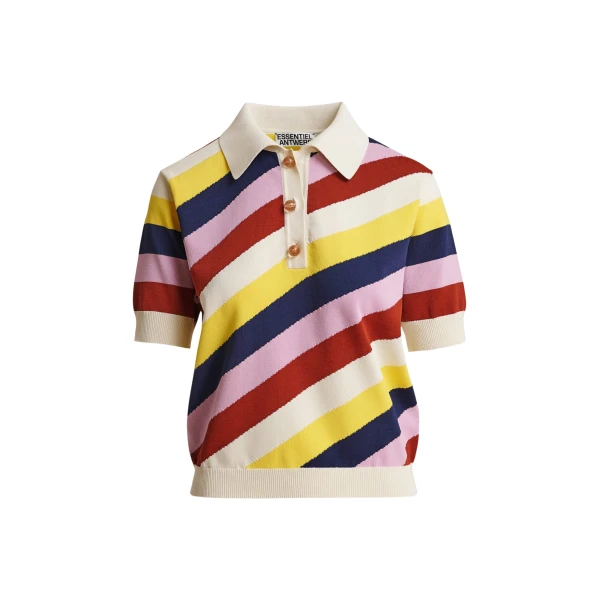 Essentiel Antwerp Off-white and multicolor striped knit polo with constrasting buttons