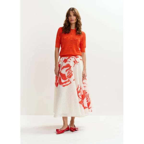 Essentiel Antwerp Off-white and red pleated midi skirt with flowers, view 3