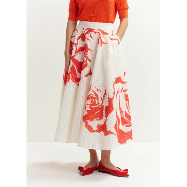 Essentiel Antwerp Off-white and red pleated midi skirt with flowers, view 4