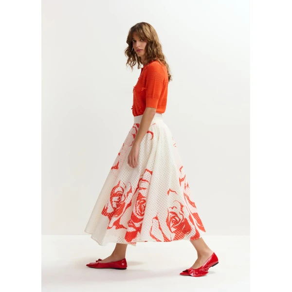Essentiel Antwerp Off-white and red pleated midi skirt with flowers, view 5