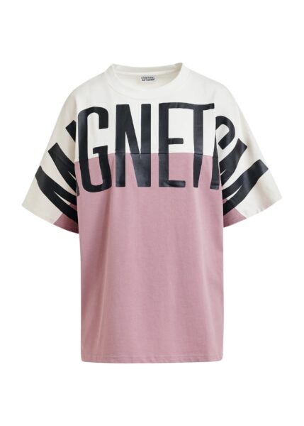 Off-white and vintage pink color-block oversized T-shirt with “Magnetism”-print