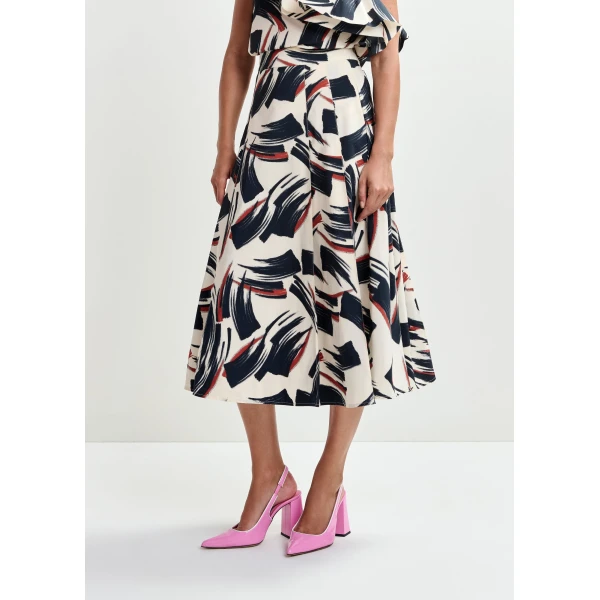 Essentiel Antwerp Off-white, black and brown a-line midi skirt, view 4