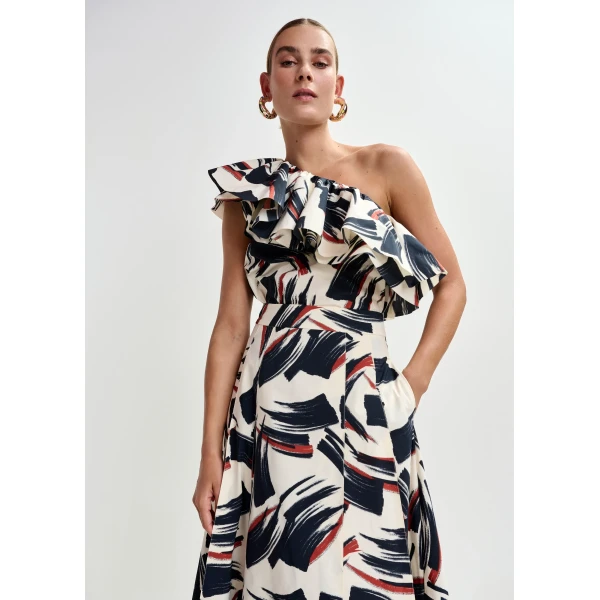Essentiel Antwerp Off-white, black and brown asymmetric ruffle top, view 3