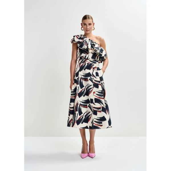 Essentiel Antwerp Off-white, black and brown asymmetric ruffle top, view 4
