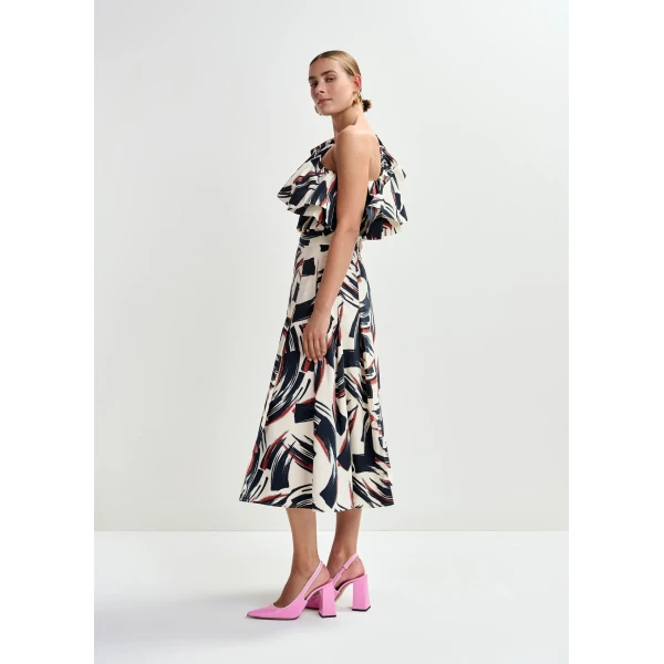 Essentiel Antwerp Off-white, black and brown asymmetric ruffle top, view 5