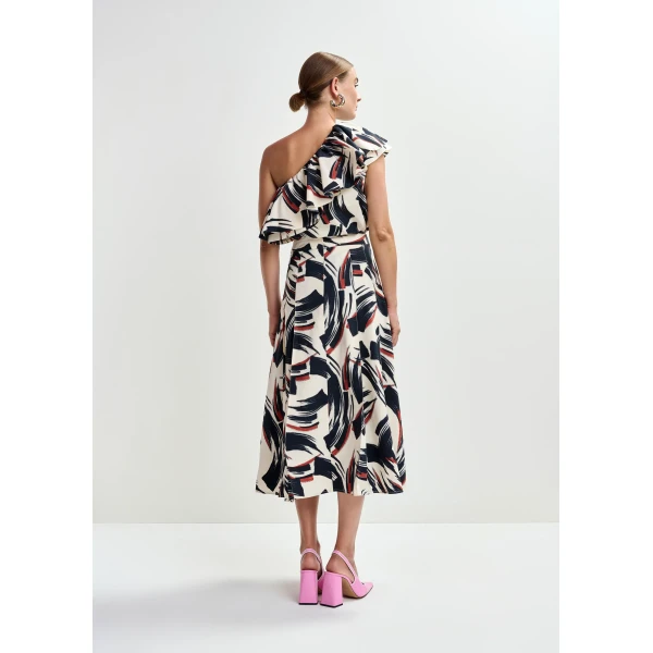 Essentiel Antwerp Off-white, black and brown asymmetric ruffle top, view 6