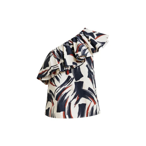 Essentiel Antwerp Off-white, black and brown asymmetric ruffle top