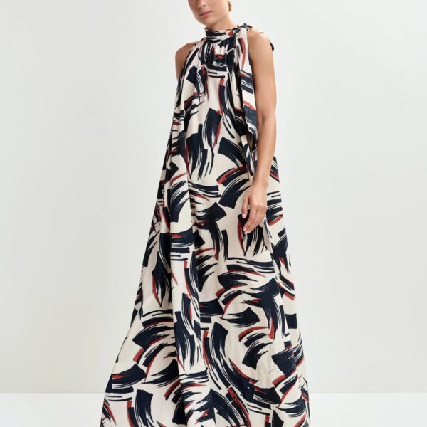 Essentiel Antwerp Off-white, black and brown high neck maxi dress with knot detail, view 3